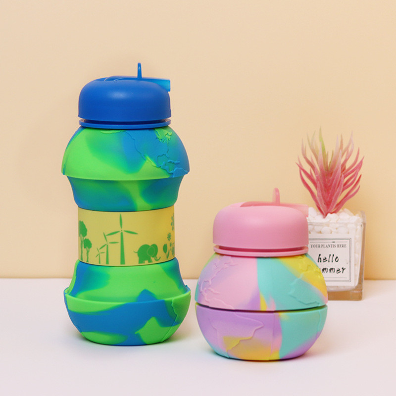 Doughnut Collapsible Water Bottle For Kids 19oz BPA Free Leakproof Silicone Rainbow Water Bottles For School Students