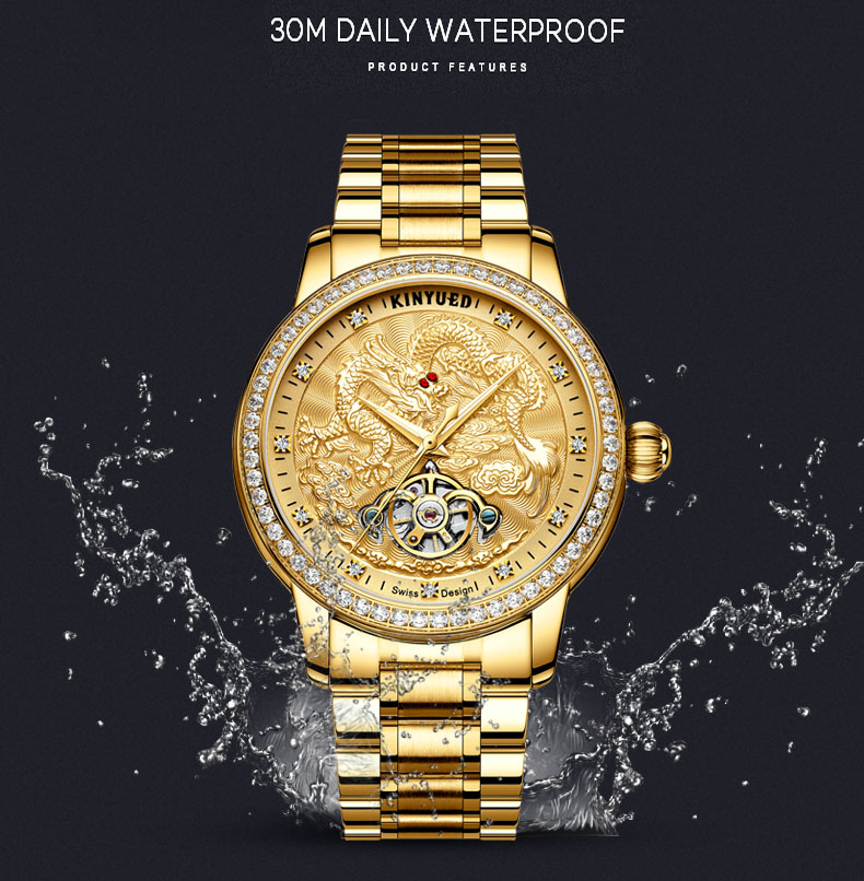 Dragon Embossed Mens Mechanical Watches Butterfly Double Buckle