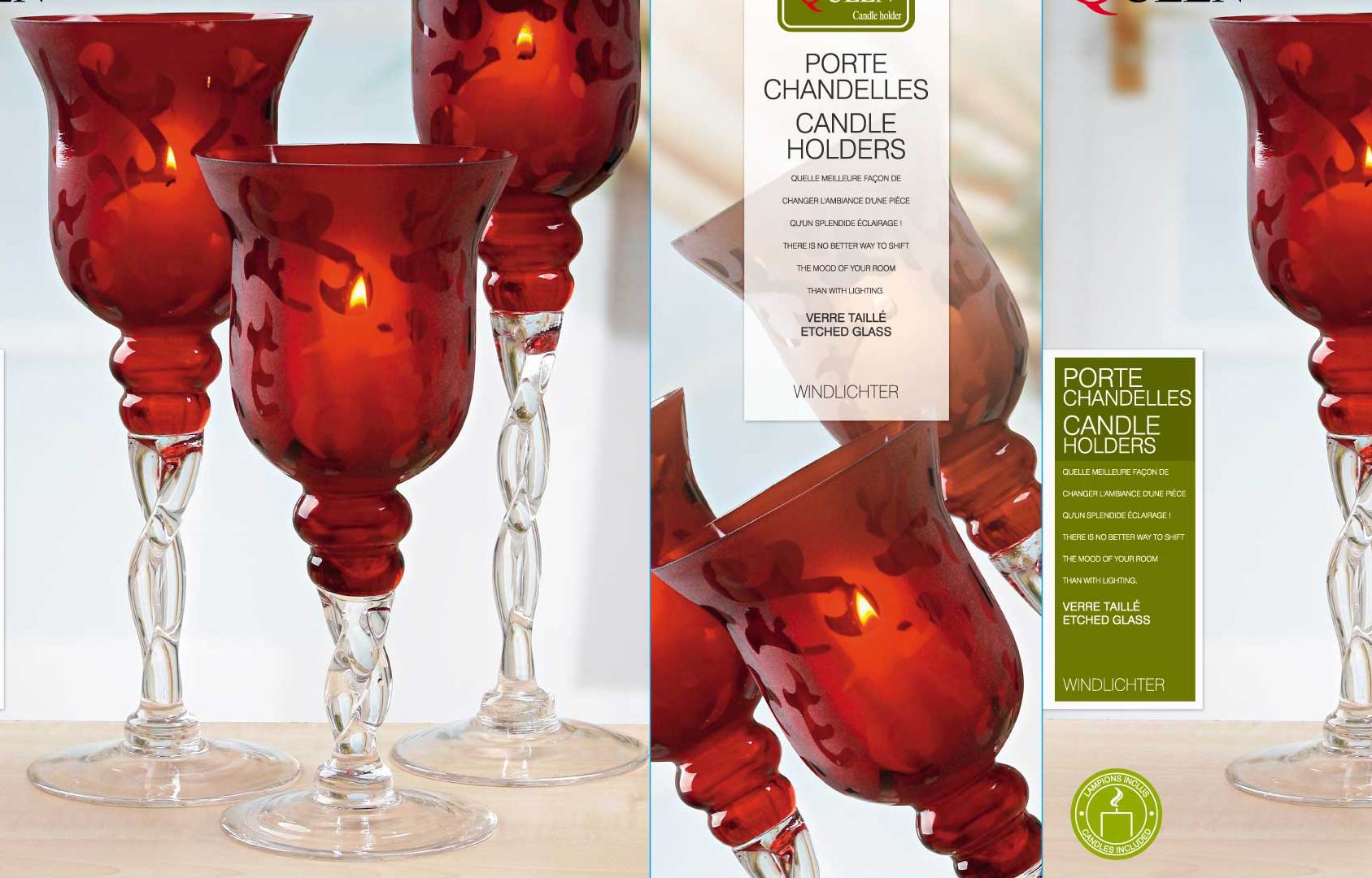 Hand Cutted Design Red Glass Candle Holders With Color Long Stem