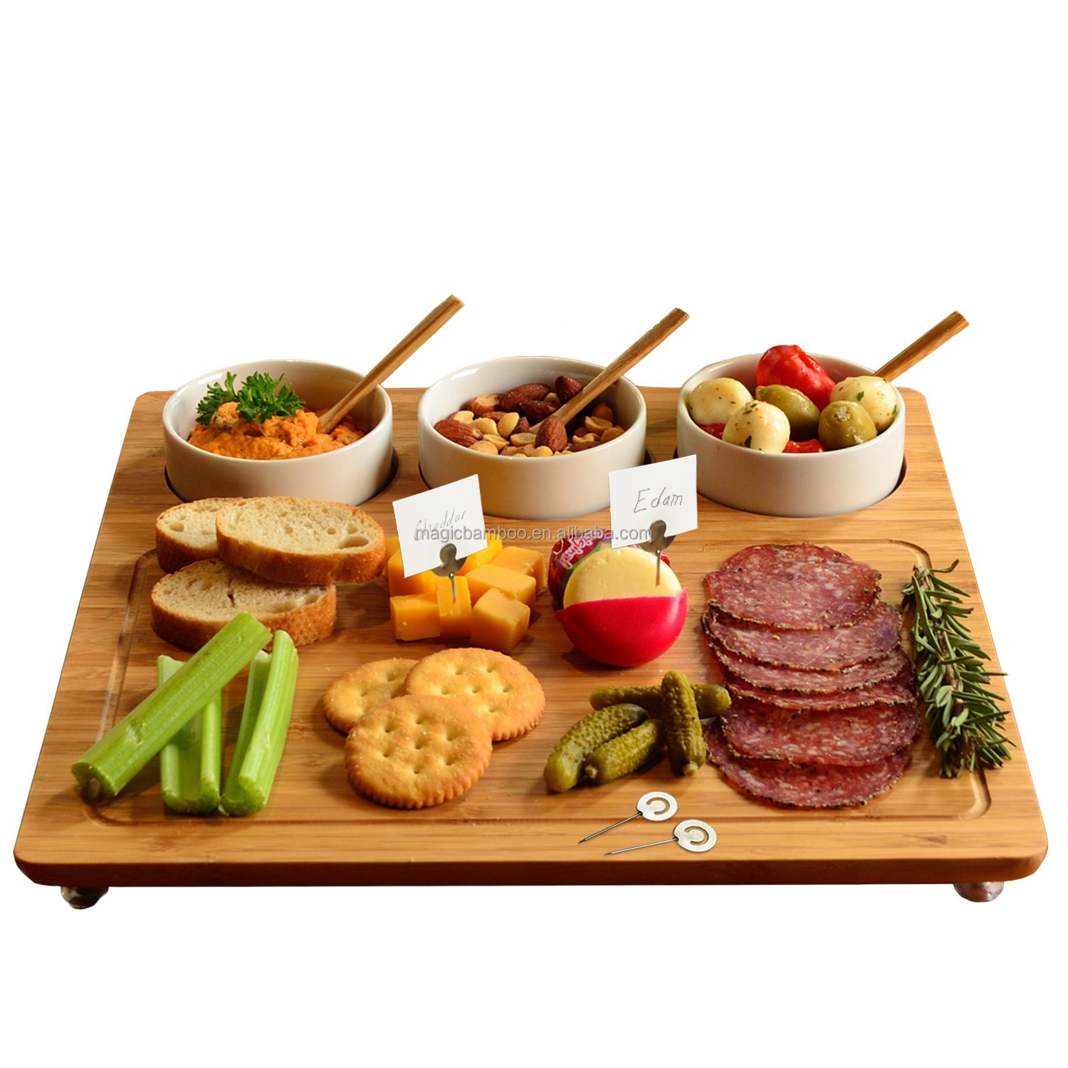 Eco-friendly Bamboo Cheese Board Includes 3 Ceramic Bowls Spoons and Cheese Markers
