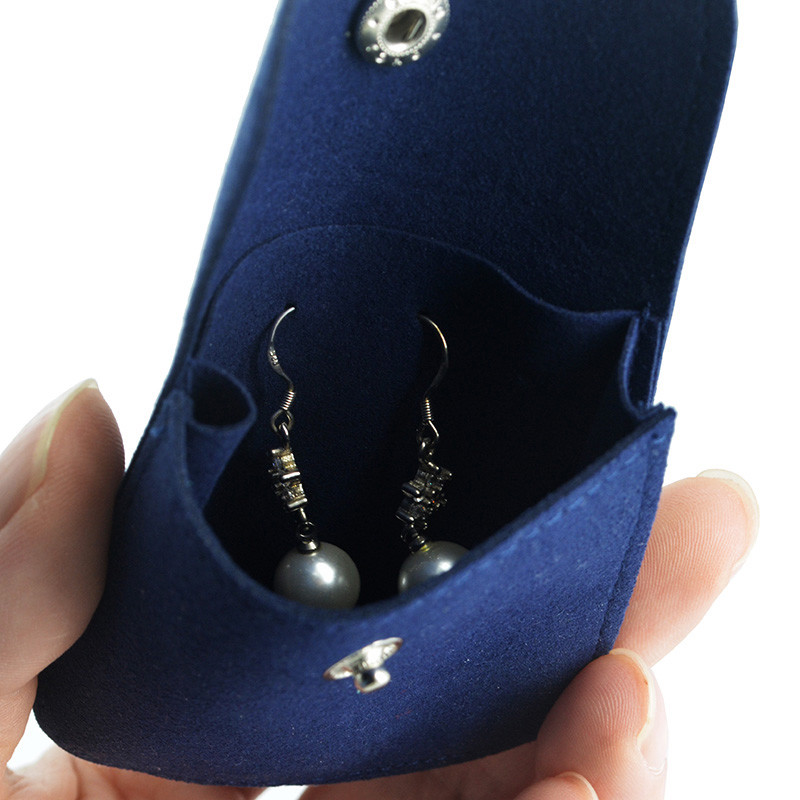 Snap Button Custom Packaging Solutions Ring Earing Storage Pouch Packaging Blue Microfiber