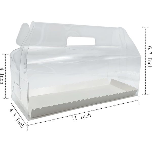 Quality Clear Roll Cake Gable Boxes With Handle & Cake Boards, Transparent Plastic Gift Boxes，Easy Carrying Pastry Containers For Bakery Christmas Wedding, Size: 11” X 4.3” X 4” for sale