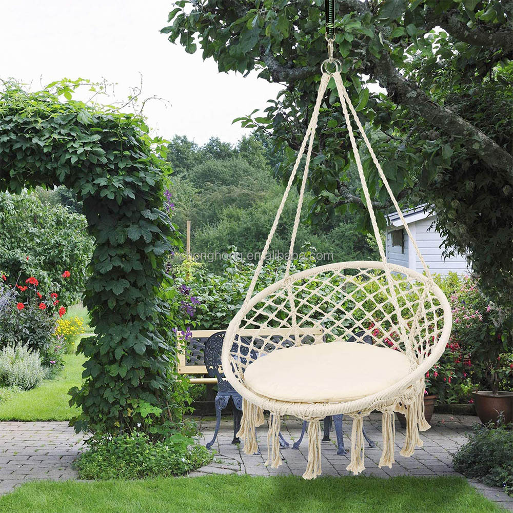 Round Hanging Hammock Outdoor Garden Cotton Rope Macrame Fringe Patio Swing Hammock Chair Pet Hammock