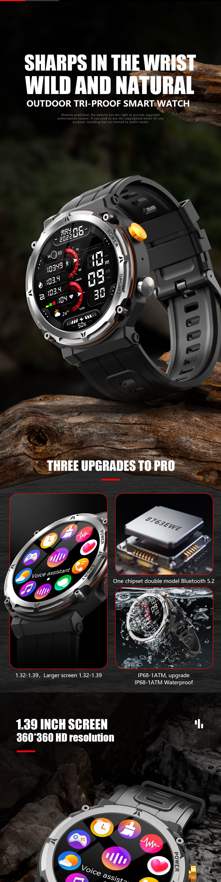 1.32" AMOLED Touchscreen, Make/Answer Calls, Heart Rate Monitor, Fitness Tracker, IP68 Waterproof