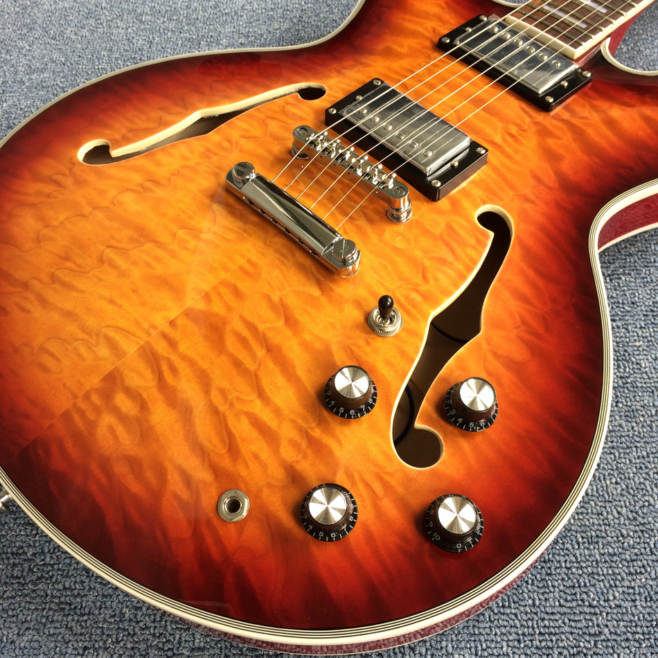 Double F holes jazz electric guitar,Rosewood Fingerboard,burst color Quilte Maple with Red back