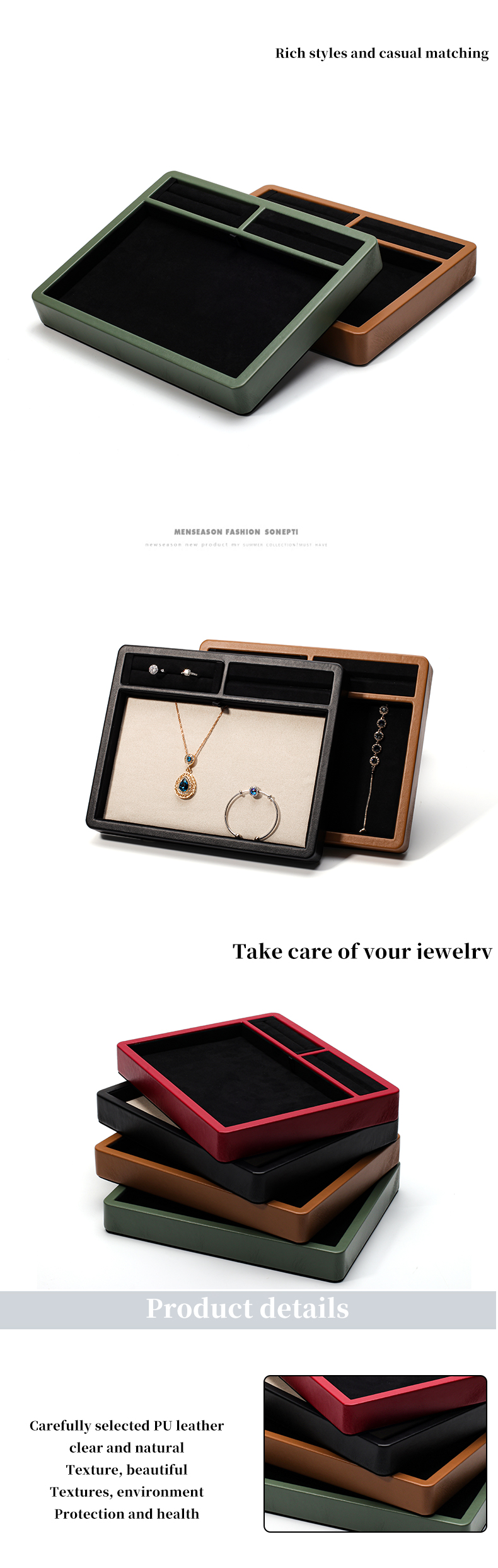 Multi-Compartments PU Leather Jewelry Display Plate for Ring Pendant Ear Studs