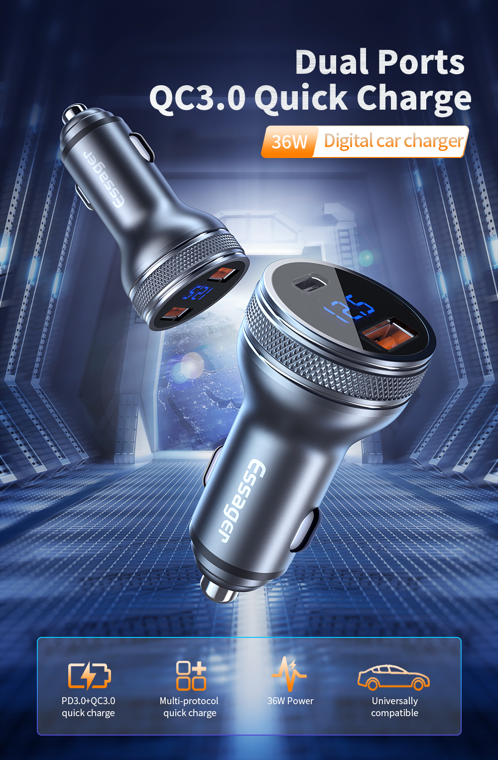 Essager 2021 KINGKONG Best Selling 36W Car Charger PD 3.0 QC3.0 2U Electric Car Charger