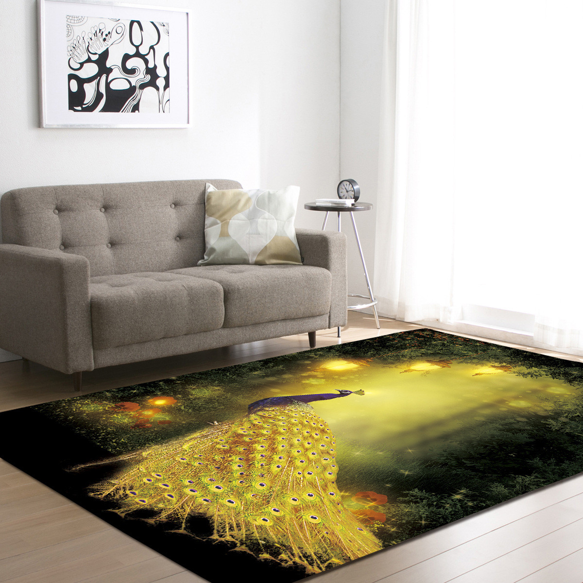 Customized Peacock Area Rug Under Couch Polyester Carpet For Living Room