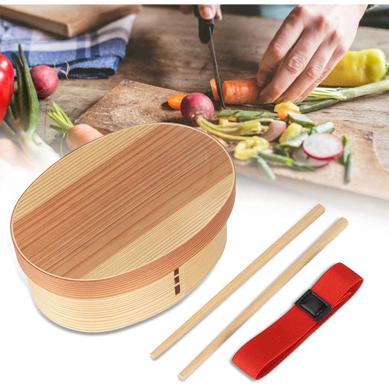 Japanese style wooden sushi box Creative oval wooden box Outdoor portable food storage storage storage box