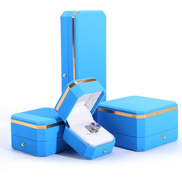 Blue PU Leather Gift Wrap Jewelry Box for Hanhong Octagonal Metal Button Custom
