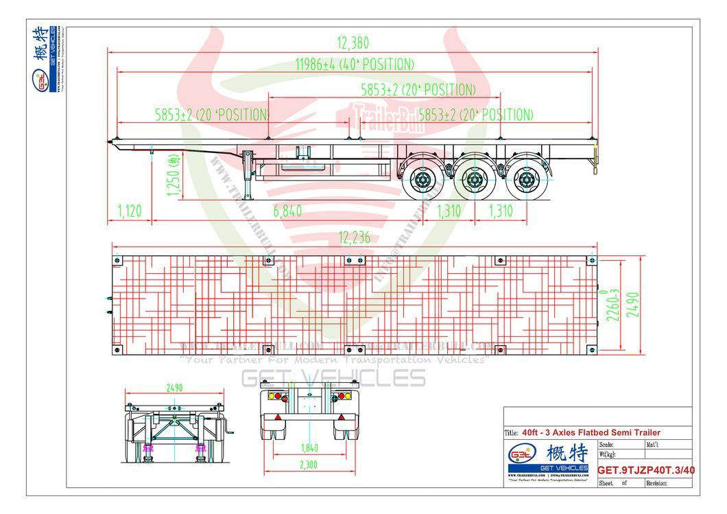 3 Axles 40FT Flatbed Semi-Trailer with BPW Axle 12t and Mechinical Suspension for Efficient Heavy Cargo Transportation