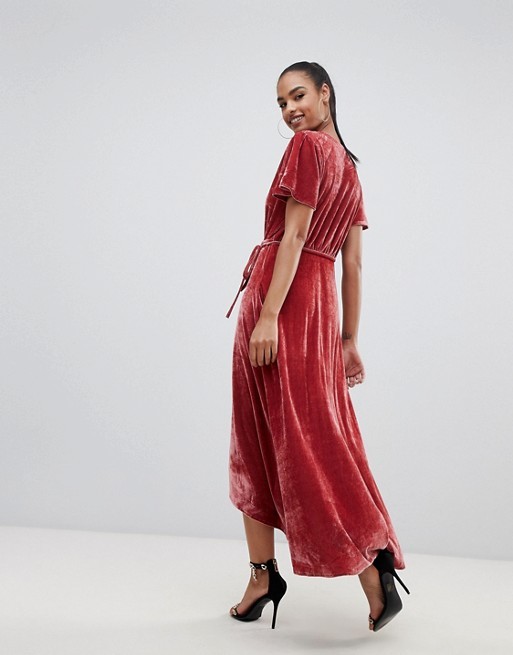 OEM short sleeve pink velvet wrap midi dress