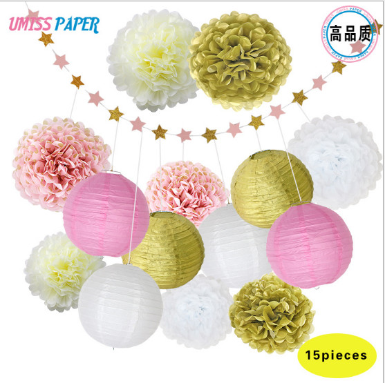 Birthday party, wedding decoration items, set paper ball, paper string, paper lantern 15 combinations of a box