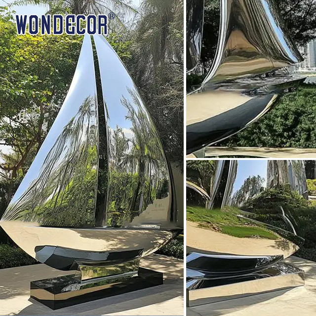 Ocean themed art decoration sculpture mirror stainless steel sailboat sculpture