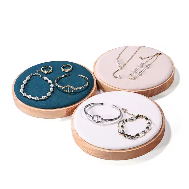 Flat Round Wood Pesentation Jewelry Bracelets Display Tray, Covered with Microfiber