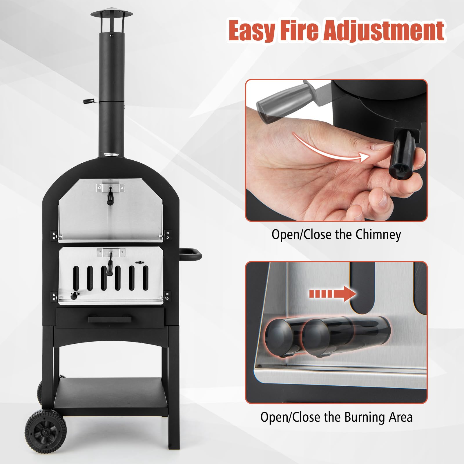 Outdoor Woodfired Charcoal Pizza Maker Trolley Grill with Pizza Stone and Waterproof Cover