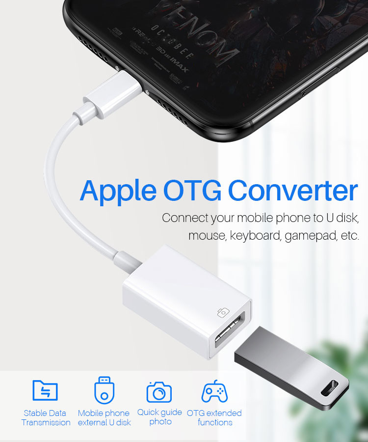 White OEM USB OTG Cable Adapter ROHS USB To Lightning OTG Cable