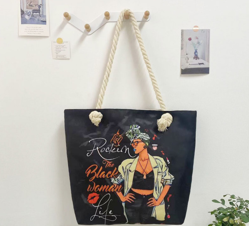 African American Women Black Shoulder polyester canvas tote bag Handbag Fit Work Beach Laptops With Zip