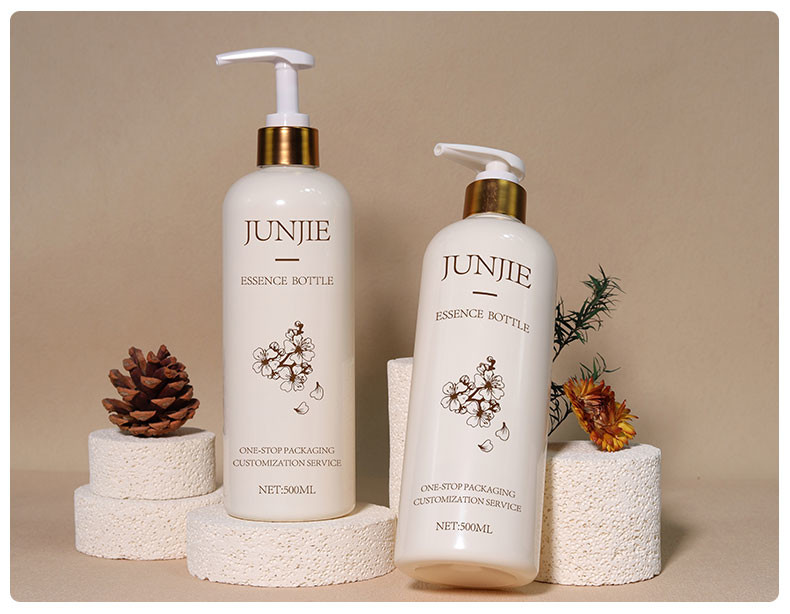 Empty 500ml Beige Shampoo Body Wash Conditioner Packaging Plastic Bottle With Aluminum Lotion Pump Dispenser