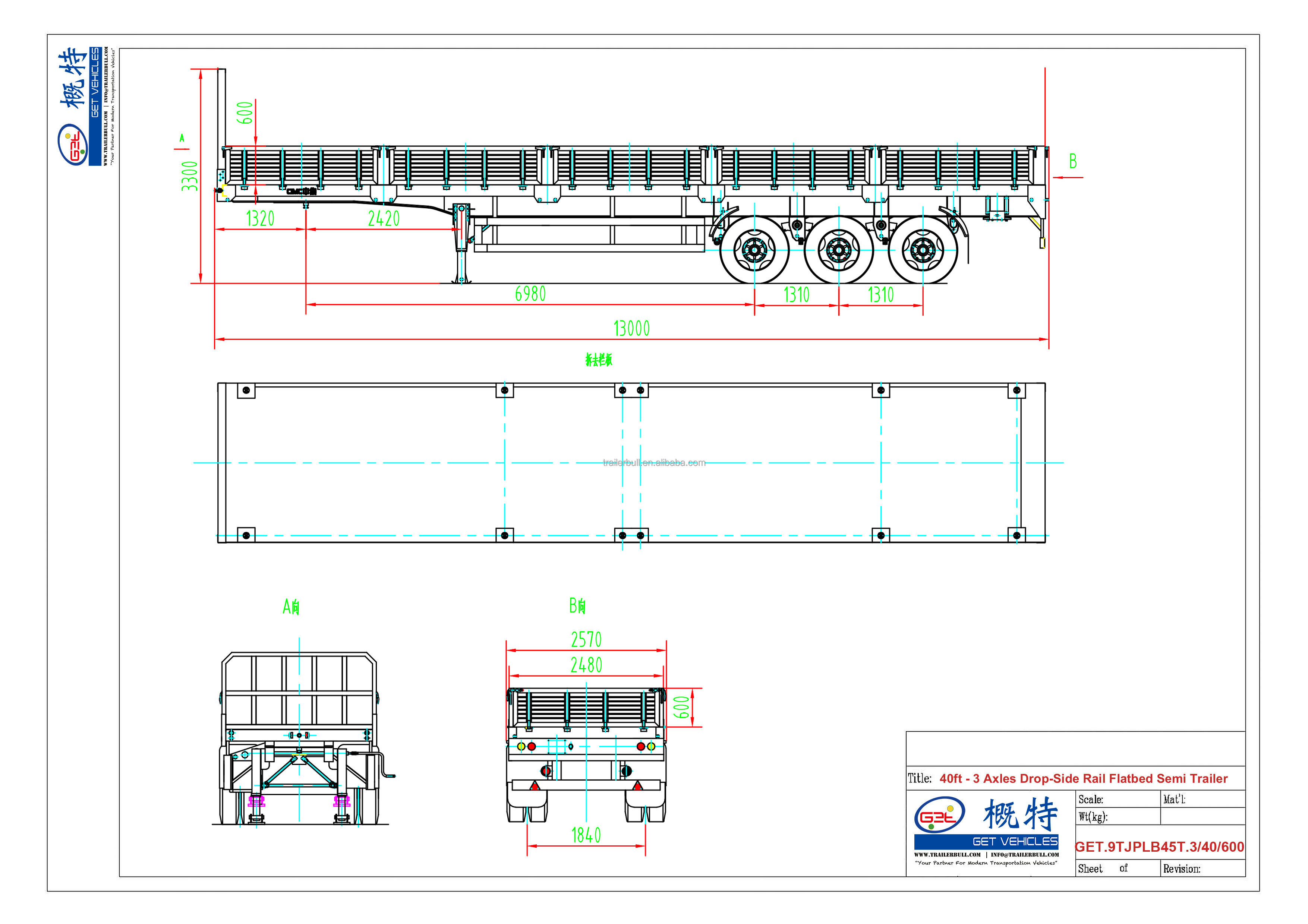 Versatile and 3-Axle Drop Side Rail Wall Flatbed Semi-Trailer for Heavy Cargo Hauling