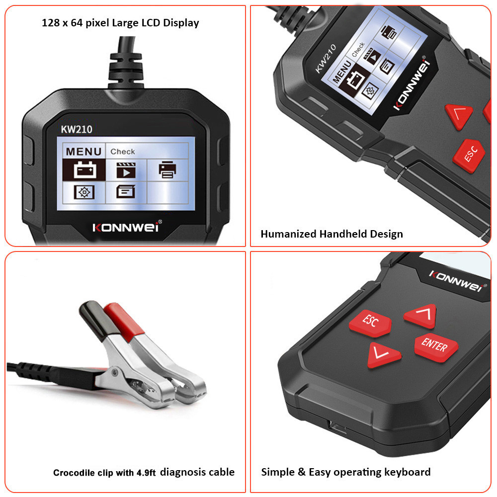 Cheap but Practical KONNWEI KW210 univeral 12V Car battery testers with 2.4inch Screen