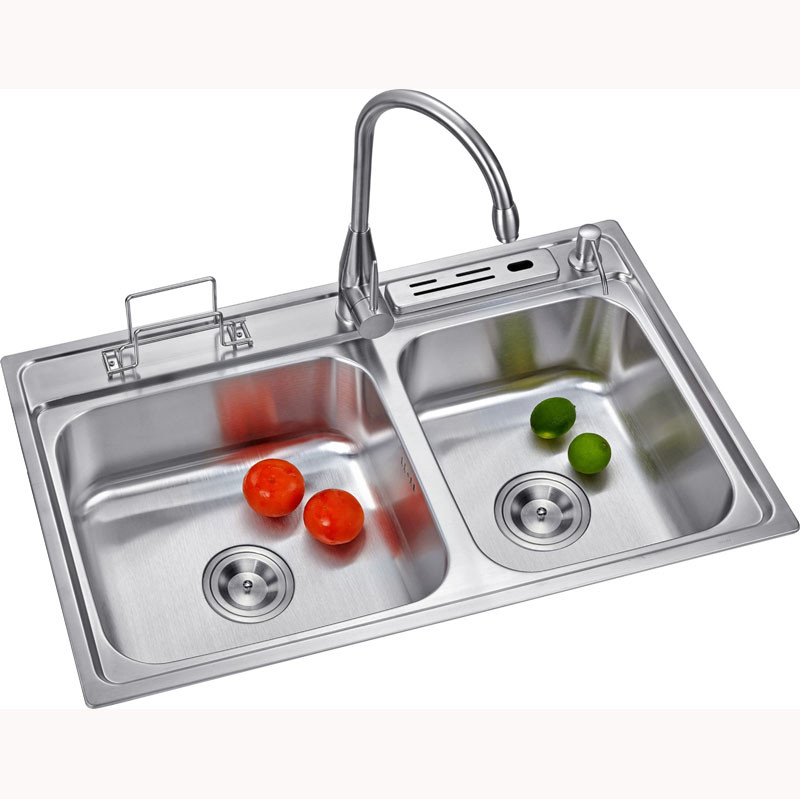 T304 22 Gauge SS Sink Double Bowl With Cutting Board Shelf