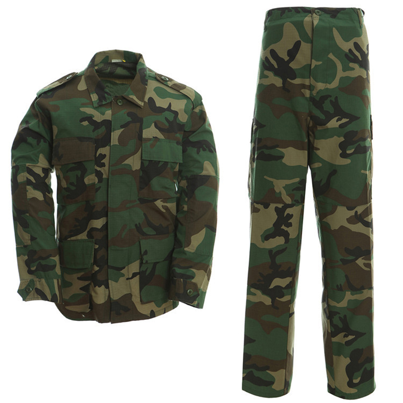 Woven BDU Type Tactical Shirt Pants Woodland Camouflage Uniform for Outdoor Activities