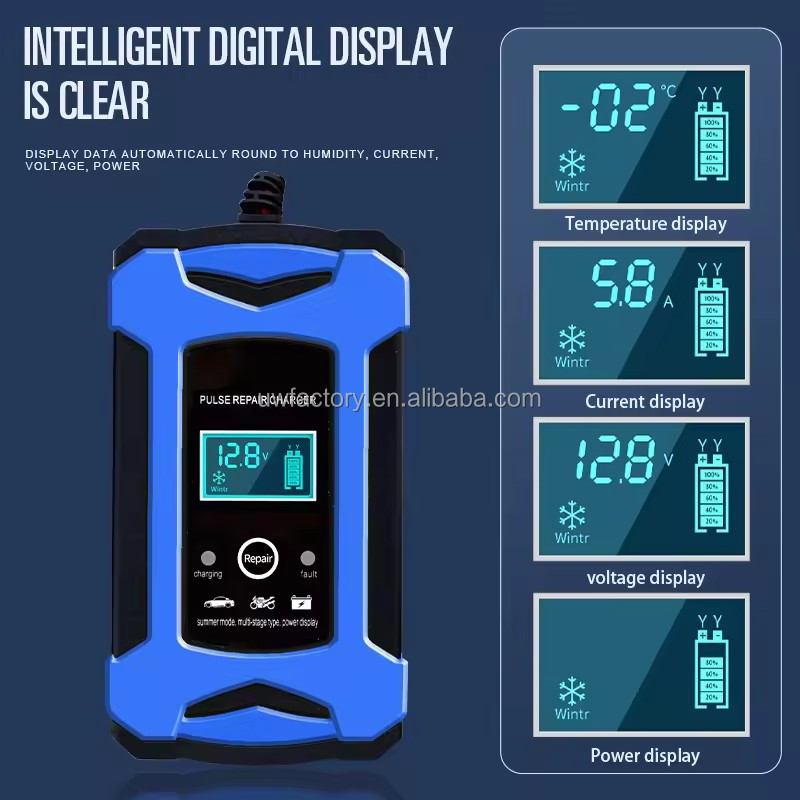 Sales 12V 6A 7 Version Motorcycle UPS Car Battery Charger Pulse Repair with LCD Charger EU Plug US Plug UK Plug SCP Input