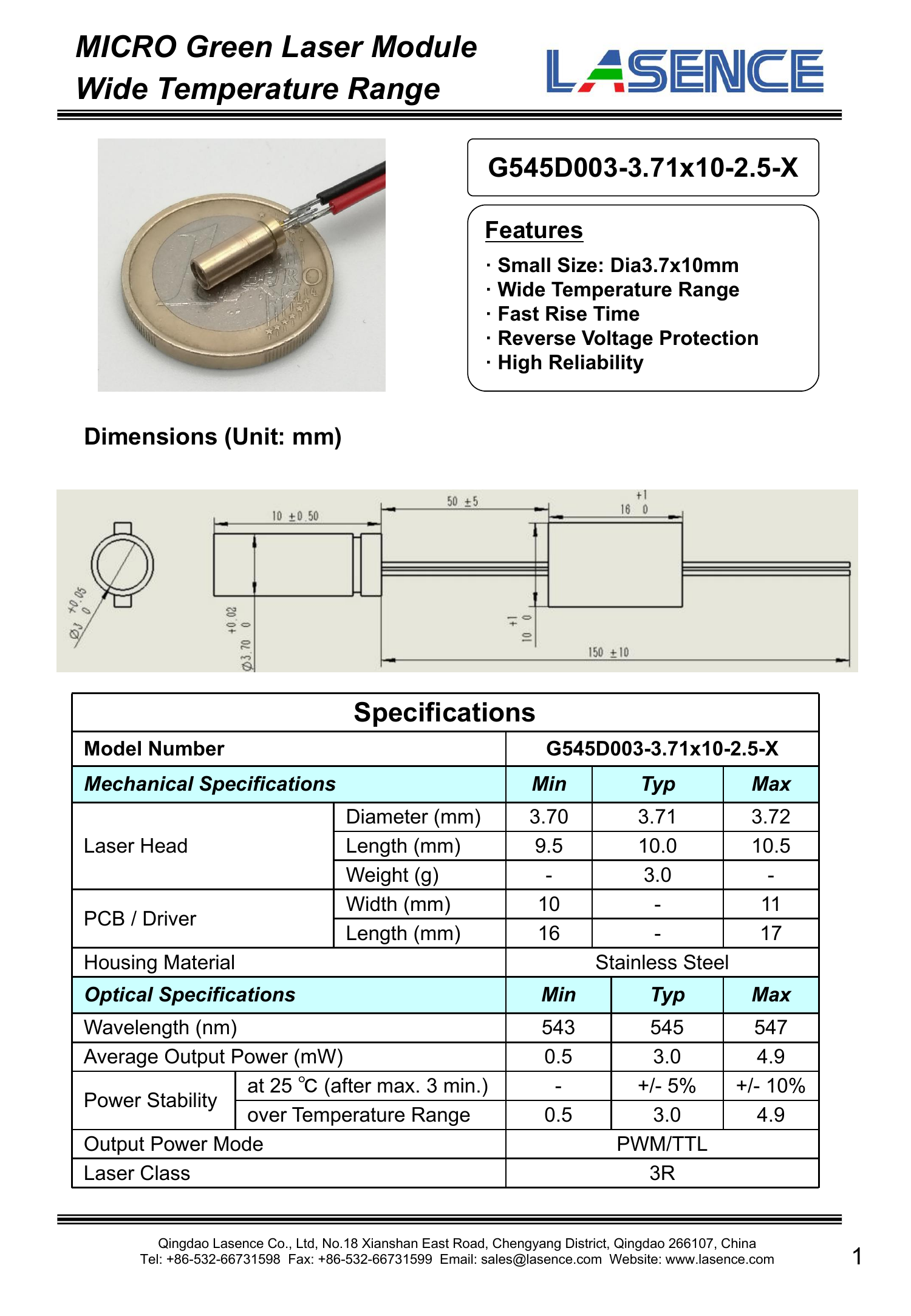 3.7mm Mini Laser Module for Construction Works 532nm/545nm Wide Temperature Beam Mode