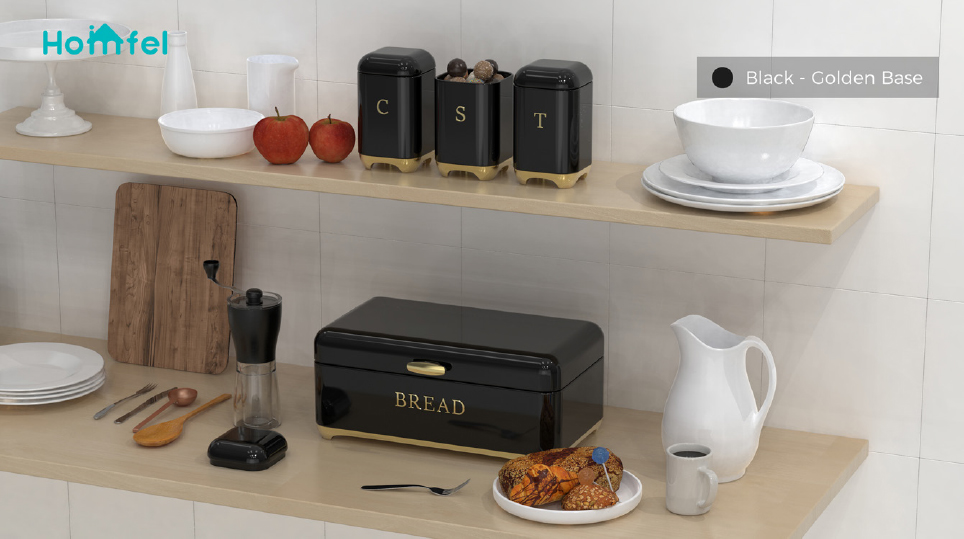 Square Kitchen Storage Bread Containers Crown Series Metal Bread Bin Set For Tea Can And Coffee Can