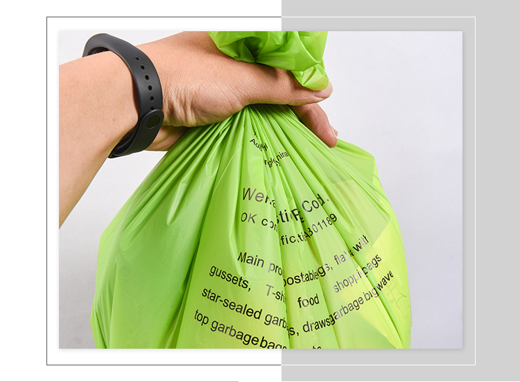 Green Garbage Bags made from Modified Corn Starch for Domestic Flat top T-shirt Roll
