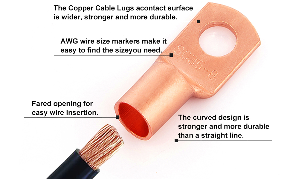 High Breaking Capacity Copper Ring Terminals for Battery Cable Ends AWG 2 4 6 8 10 Gauge
