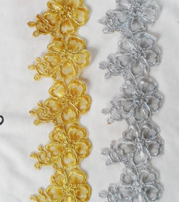 Gold Wire Embrodery Lace Edge with Cord Embroidery Sliver Lace Trim