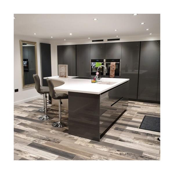 Veneer Finished Top and Lacquer Finished Bottom Kitchen Cabinet in Glossy Gray