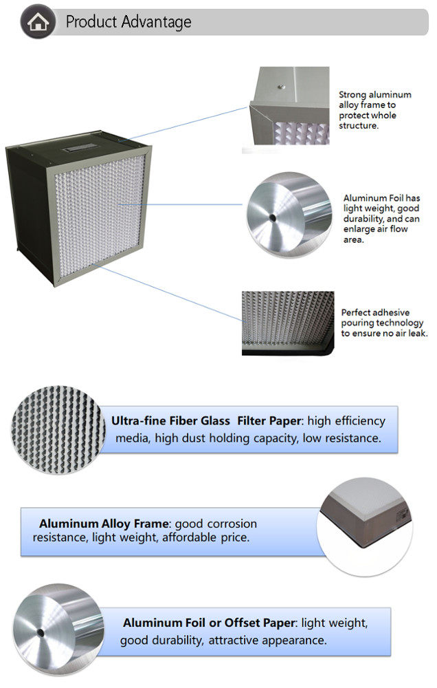 Cleam Room H13 H14 Deep Pleat Hepa Filter with Stainless Frame and Paper Separator