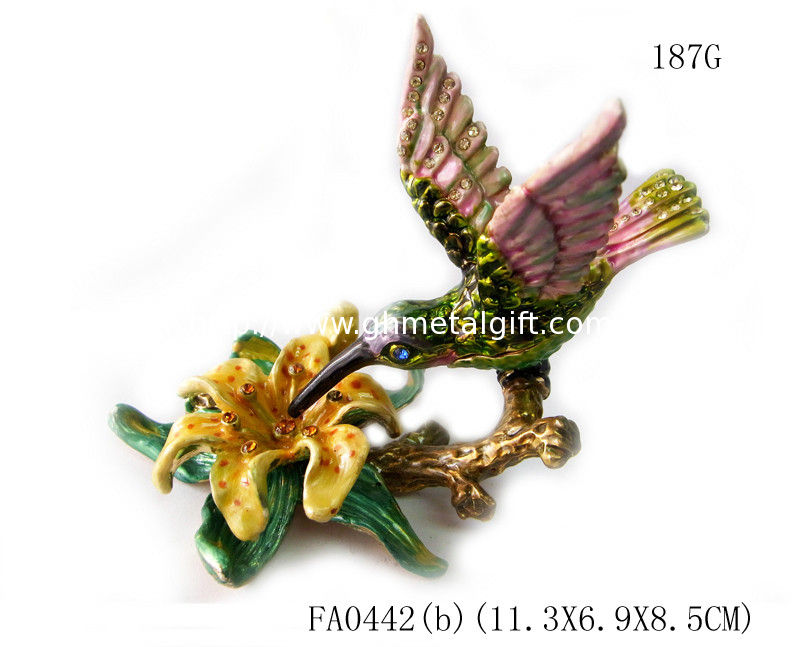 Custom pewter cute bird shape jewelry boxes colorful printed bird hummer jewelry boxes