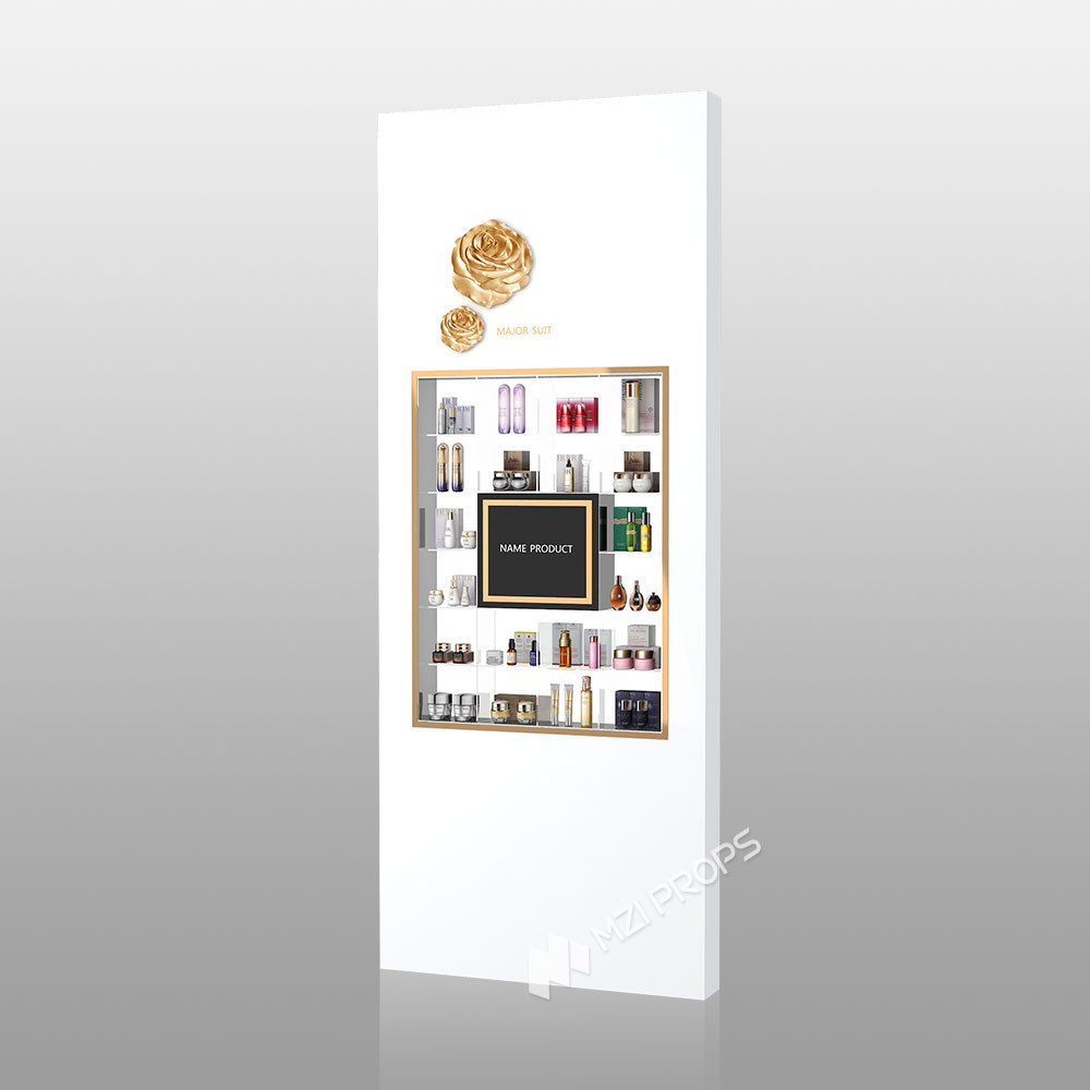 TJiS-B2 Shiny Silver Wallpaper Skincare Display Cabinet with 40mm Light Box
