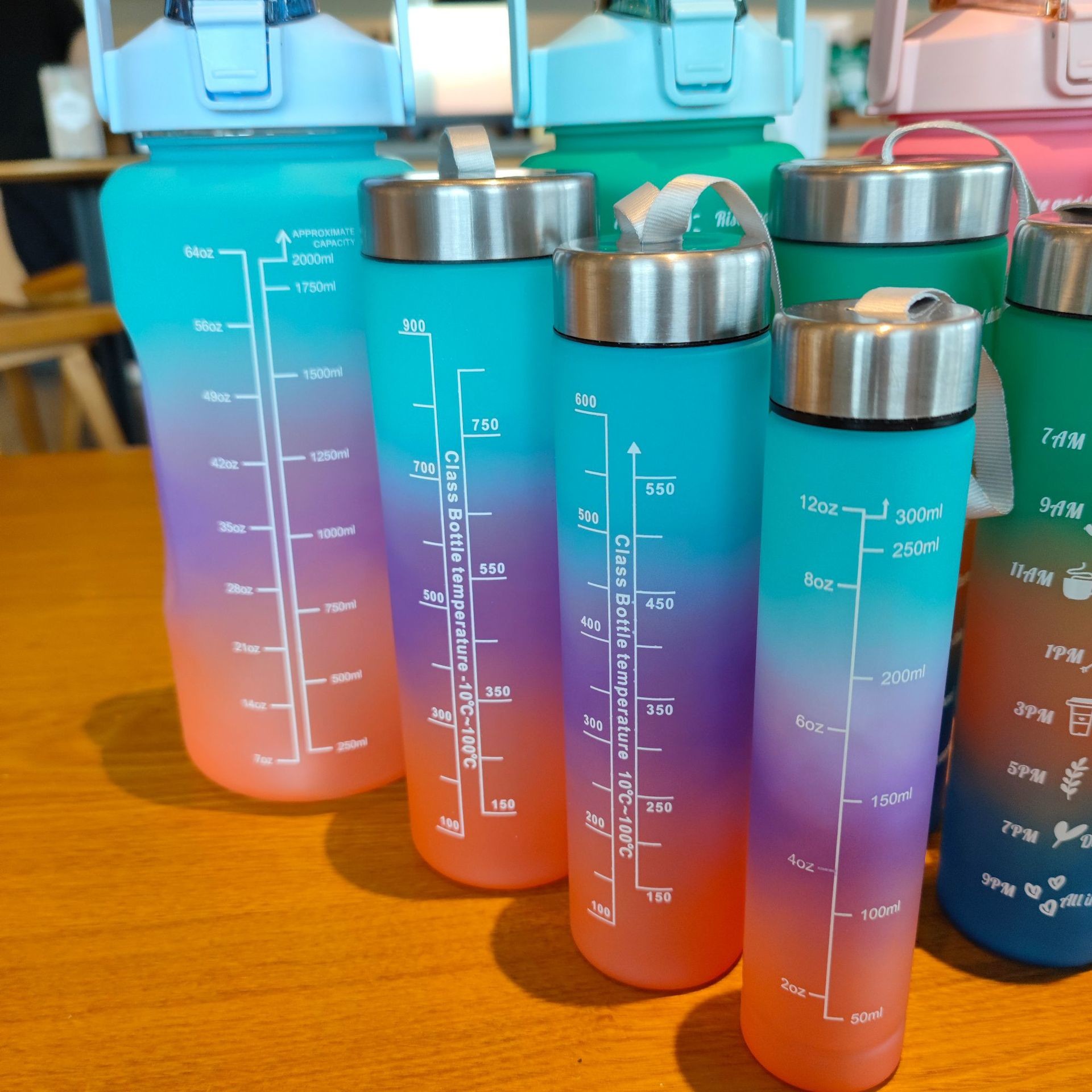 Sports Water Bottle 3 Pcs Set With Motivational Time Marker Leak Proof Flip Top Lid Gradient Purple For School Fitness Enthusiasts Indoor Outdoor
