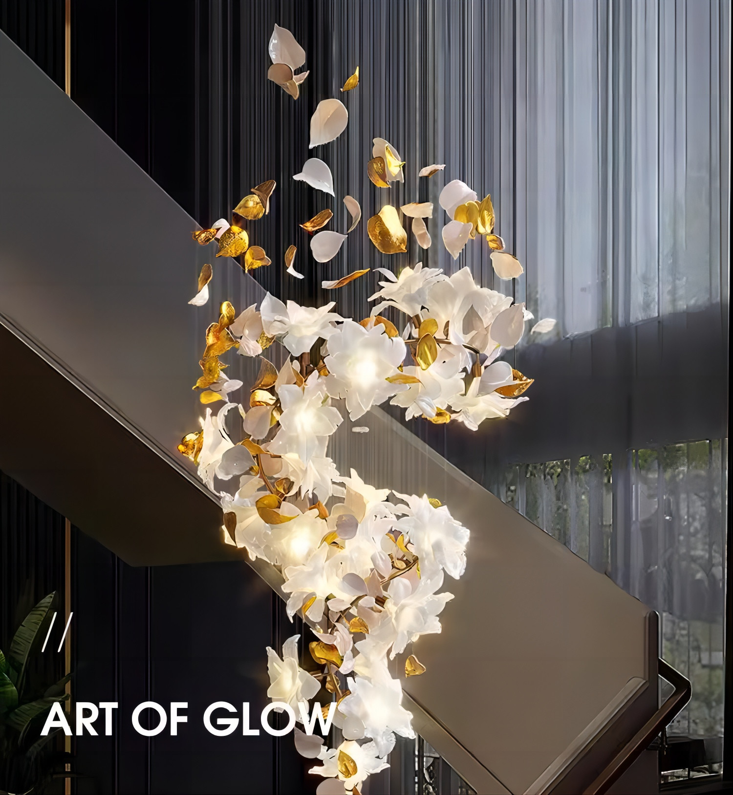 Copper + Imitation Jade Flowers Light Luxury Hotel Loft Villa Crystal Staircase Chandelier