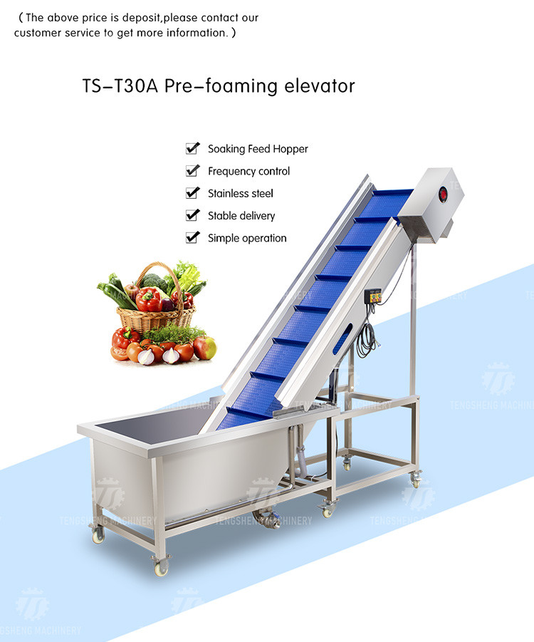 Lifting and conveying of fruit and vegetable pre-foaming materials for supporting equipment of operation line