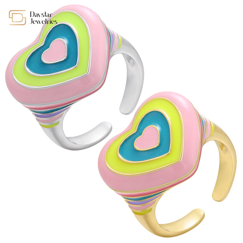 Y2k Rainbow Heart Women Jewelry Rings Colorful Enamel Gold Plated