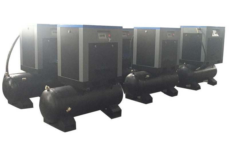 Compact screw air compressor with tank and air dryer mounted