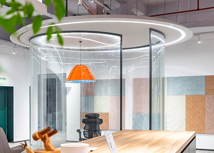 Curved glass partition wall L shape space double glass acoustic frameless style with switch panel