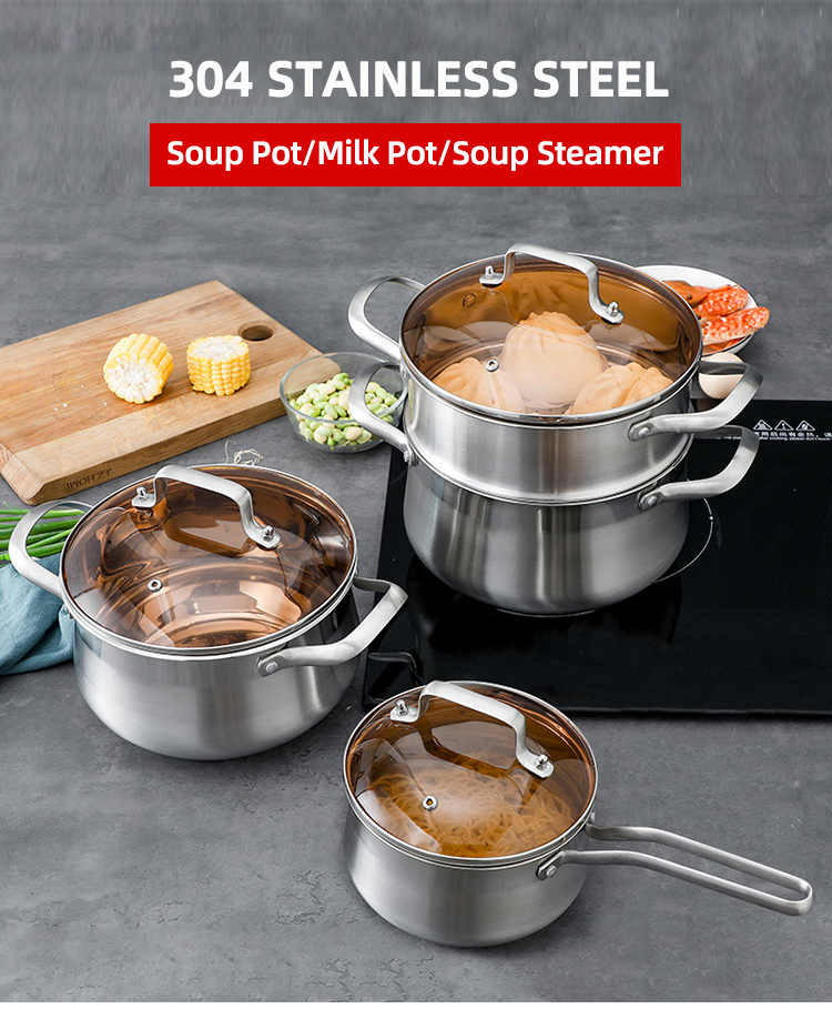 Factory Kitchen 304 Stainless Steel Steamer Pot Soup Pot Milk Pot Cooking Ware With Lid