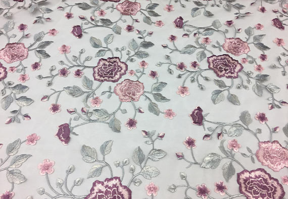 Floral Embroidered Mesh Lace Fabric , Embroidered Tulle Lace Fabric For Wedding Dress
