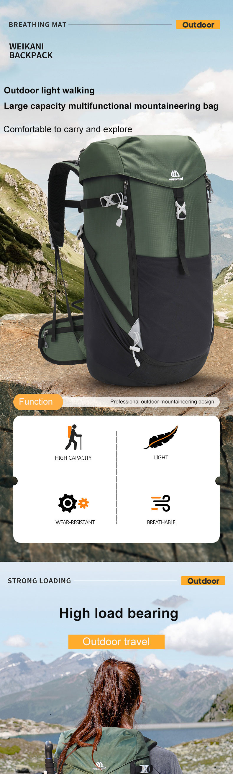 Outdoor 50L Waterproof Backpack ODM Ultralight Camping Backpack Nylon