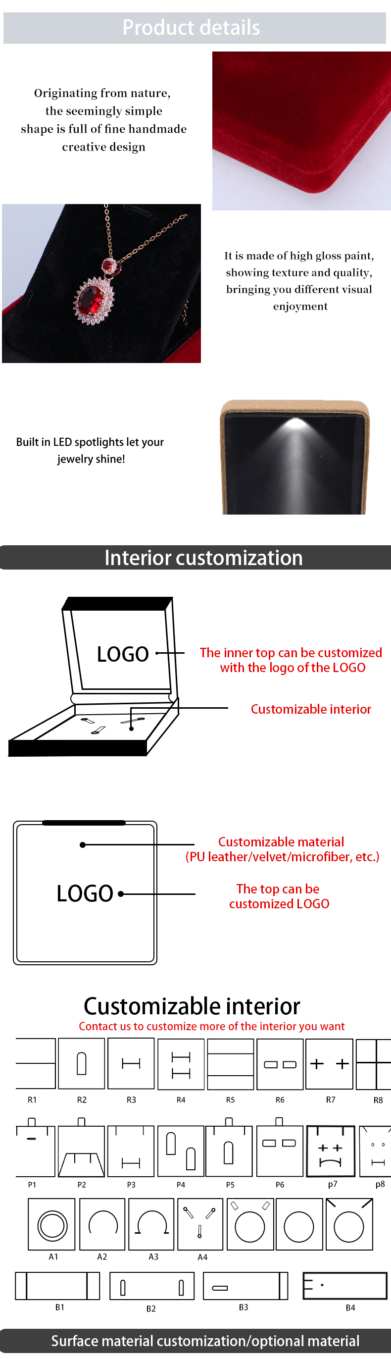 Jewelry Boxes Material LED Velvet for Customized Size Hanhong Logo Embossed Ring Gift