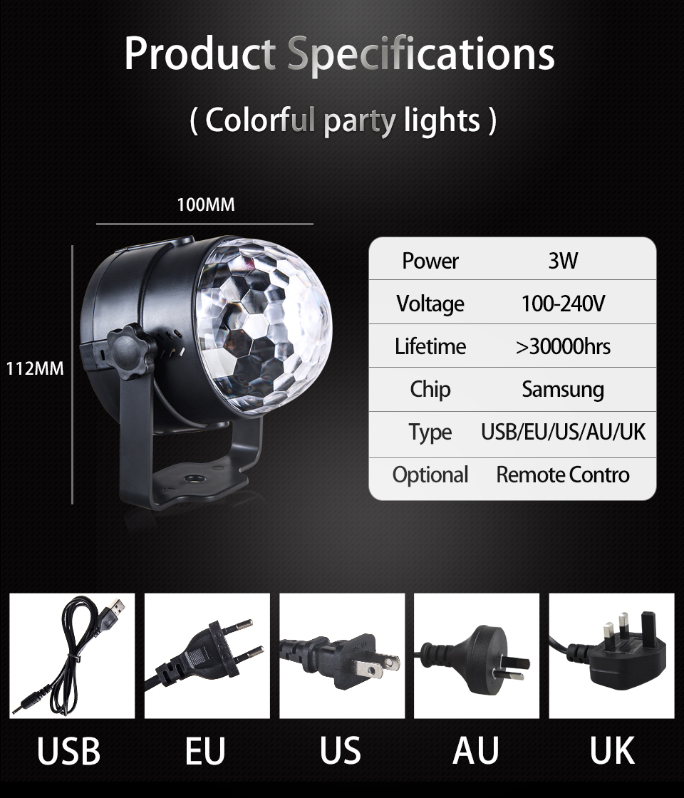 RGB Disco Ball Party Lights DJ Disco Light LED Projector Strobe Lamp Birthday Party Car Club Bar Karaoke Xmas Sound Acti