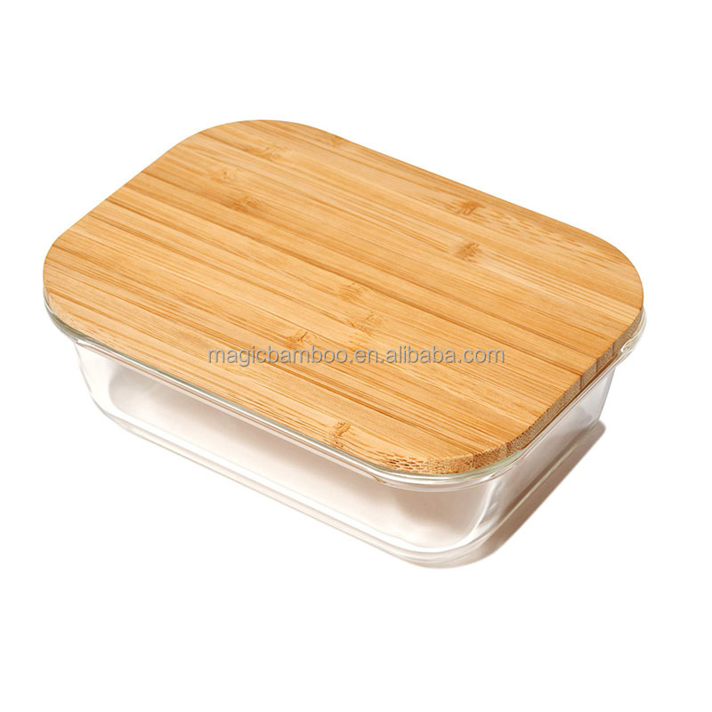 Kitchen Square Glass Jar Lunch Box Container With Bamboo Lid Customizable and Durable