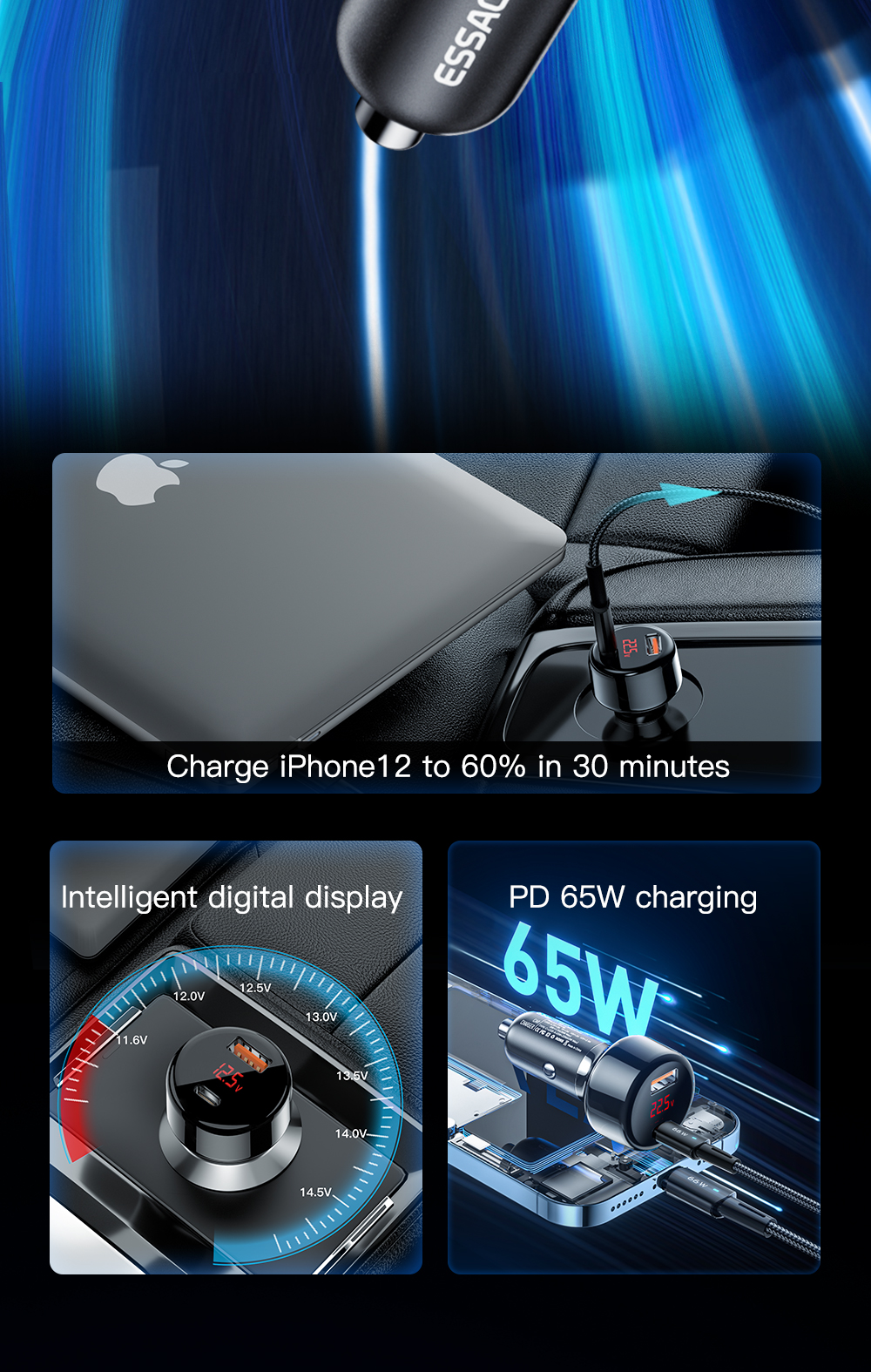 Digital Display USB A USB C Car Chargers OTP 65W Black Blue Color
